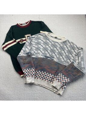 Vintage 80s / 90s Bundle Lot x2 Colorful Knit Sweaters Grandpa Preppy Men Sz L